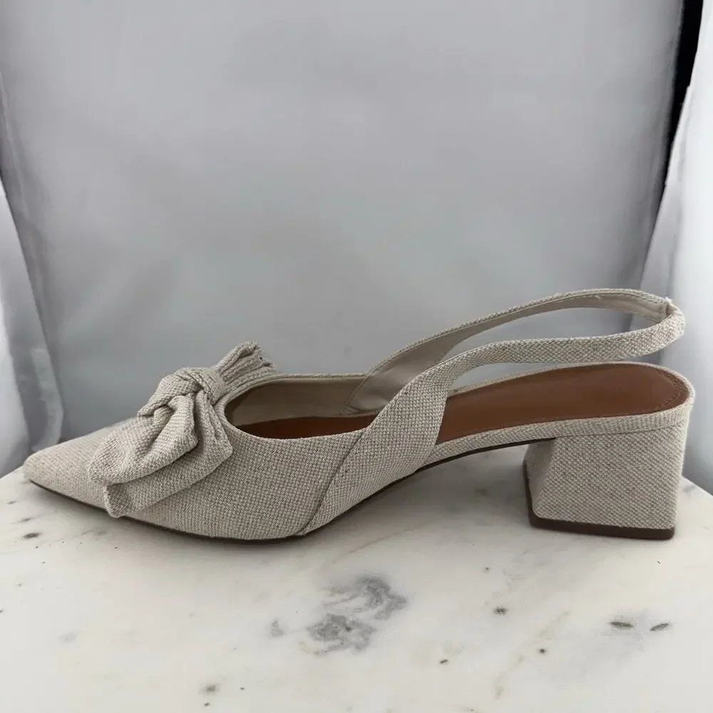 ASOS Suzy‎ Bow Slingback Heels EU40 US9 Beige Fabric Pointed Toe Block Heel